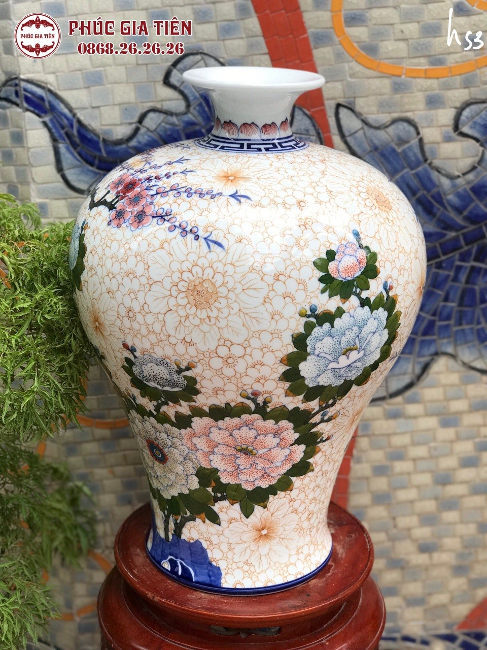 Binh sứ cá chép trông trăng - đắp nổi - cao 100cm rộng 50cm