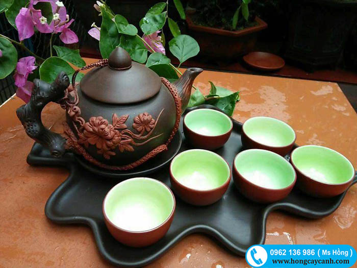 Bộ ấm chén trắng hoa Sen vàng kim cao cấp