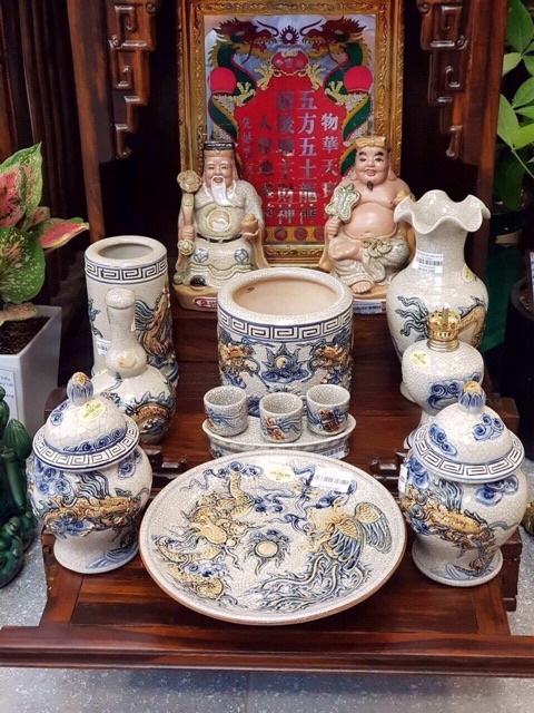 Bộ đồ thờ ban thần tài đắp nổi rồng phượng