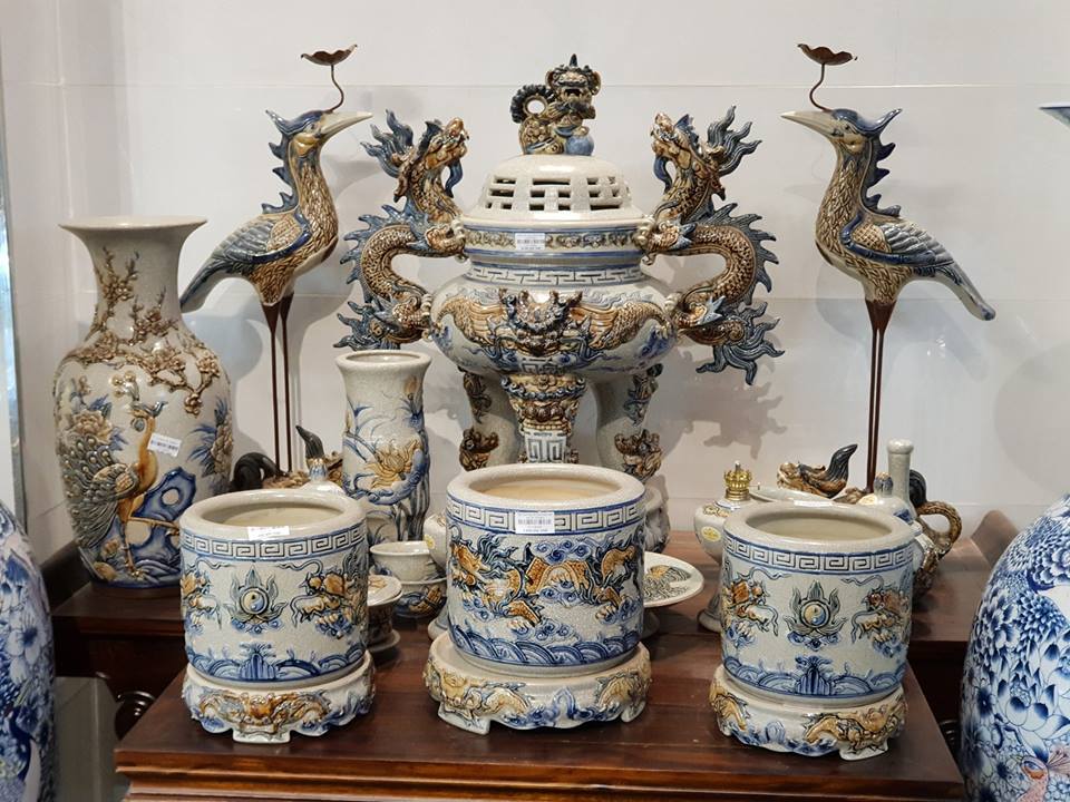 Bộ đồ thờ men rạn đắp nổi rồng phượng