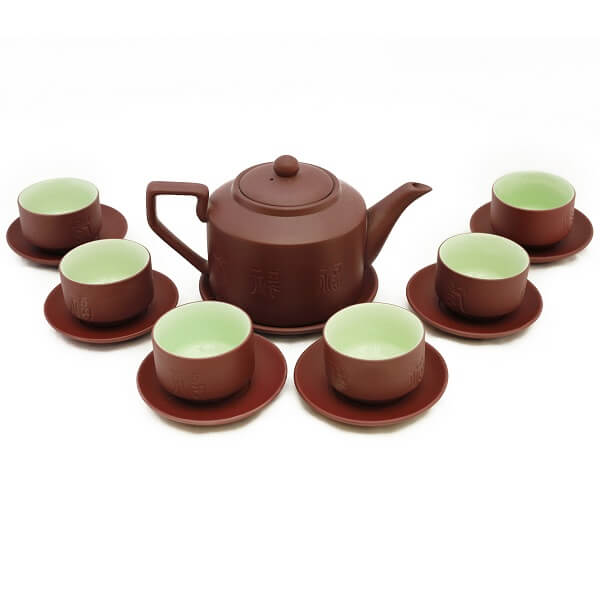 Bộ Ấm Tử Sa Đen - Đắp Nổi Hoa Phù Dung Đỏ